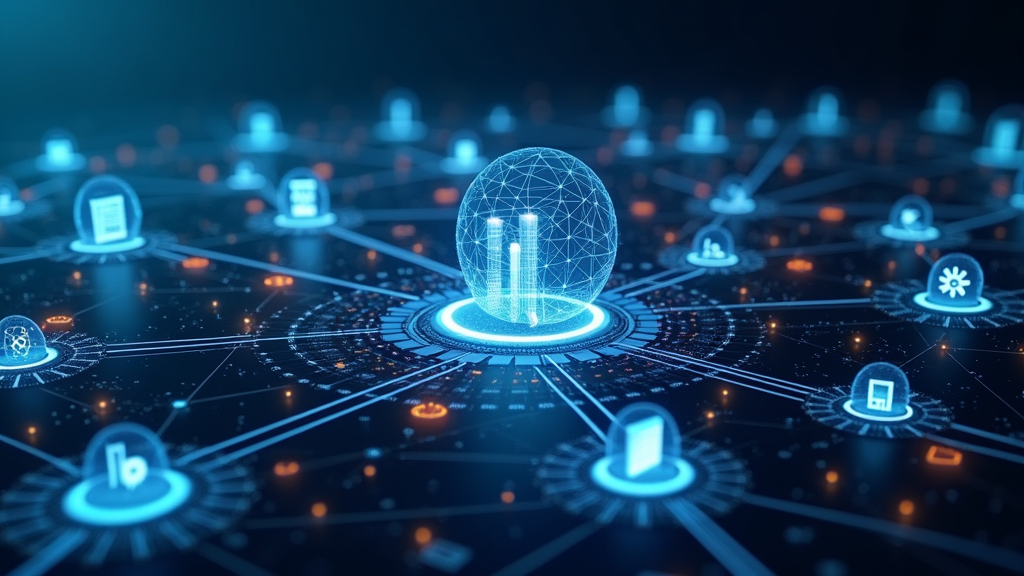 Abstract concept of AI technology in marketing, with gears, data charts, and digital icons interconnected on a bright background.